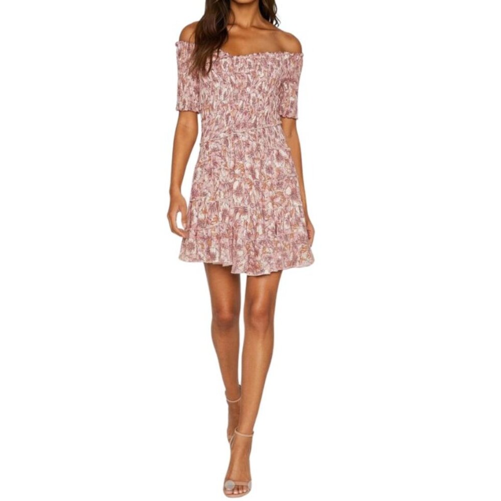 Poupette St Barth Soledad Floral Print Smocked Mini Dress Sz L Boho